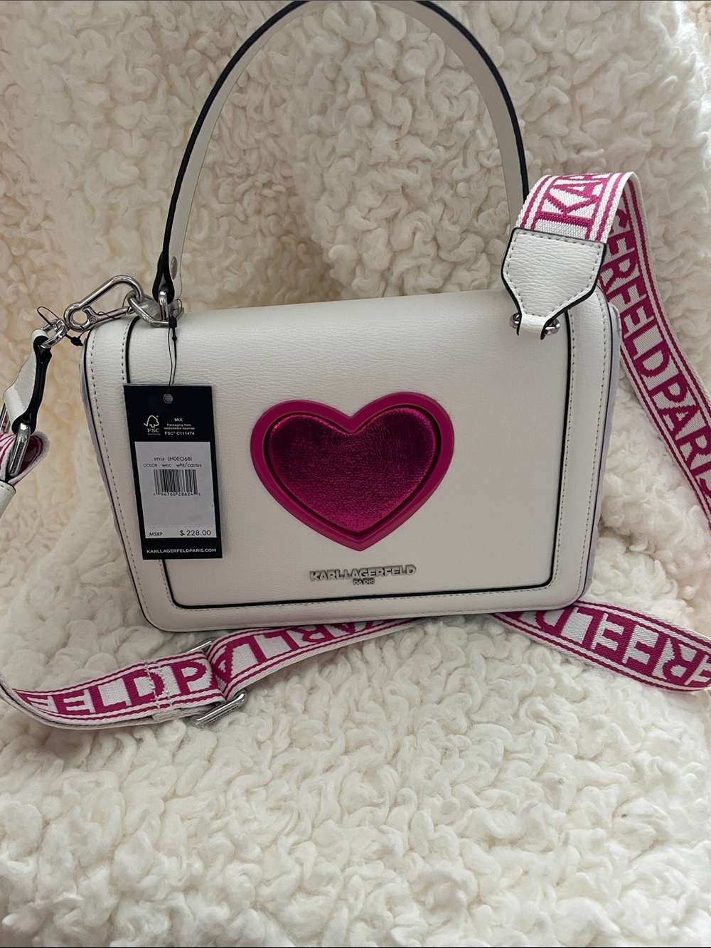 Karl Lagerfeld White Crossbody Bag with Pink Heart and Branded Strap
